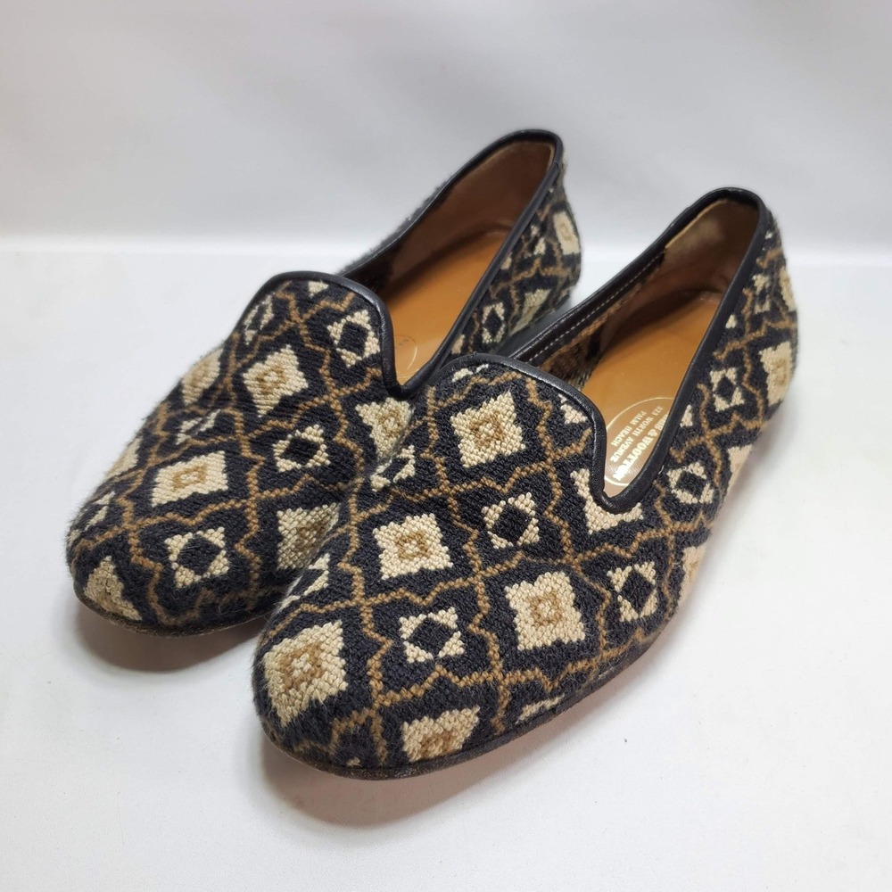 Stubbs & Wootton Smoking Slipper Women 6 Black Gold Needlepoint Geometric Loafer